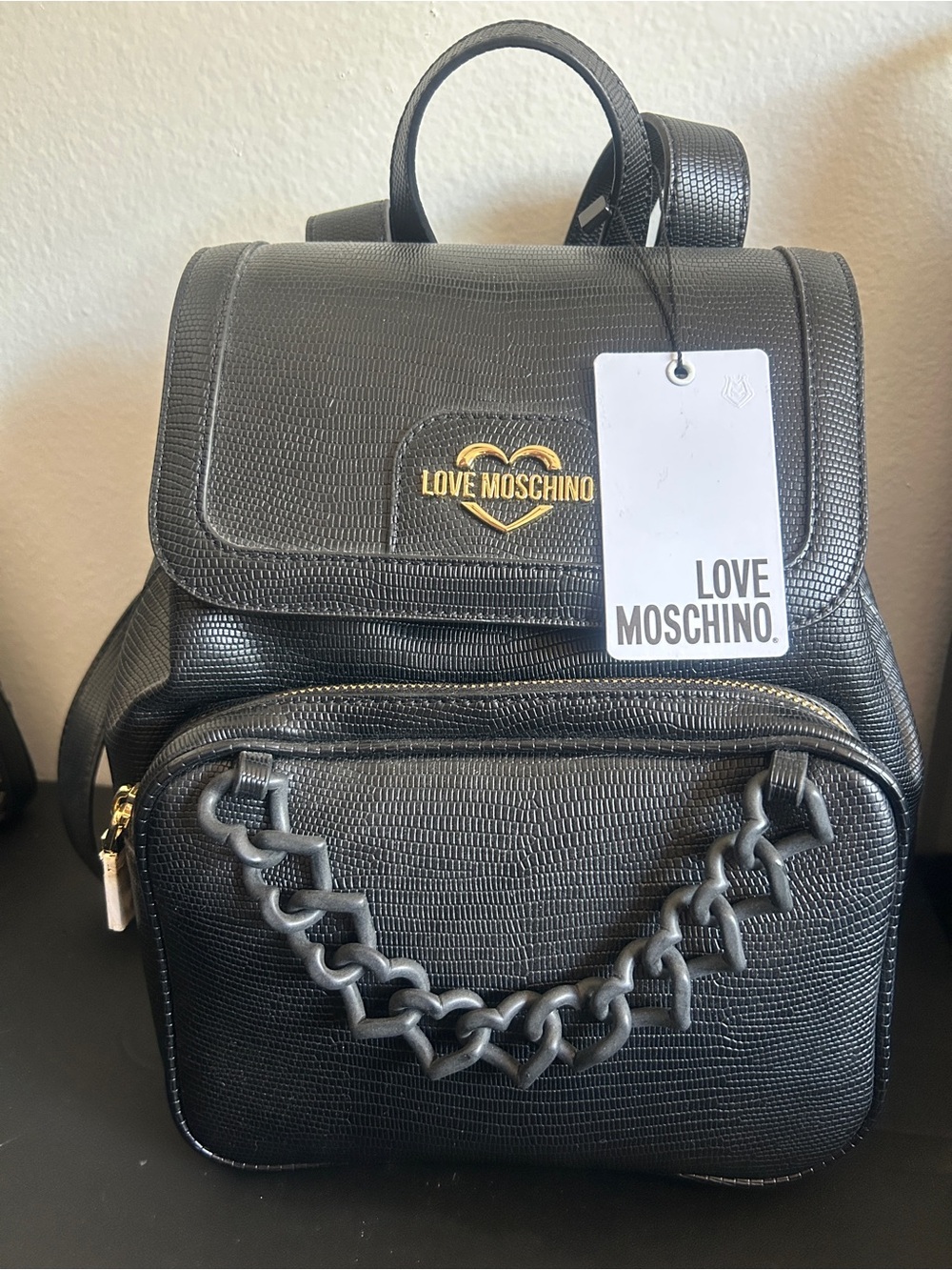 Love Moschino Black Leather Backpack with Drawstring & Black Heart Chain NWT